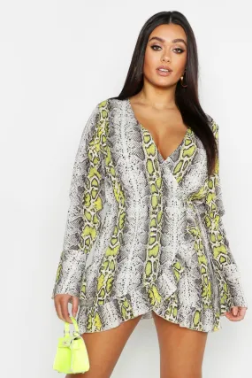 Plus Snake Ruffle Wrap Dress