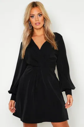 Plus Wrap Balloon Sleeve Skater Dress