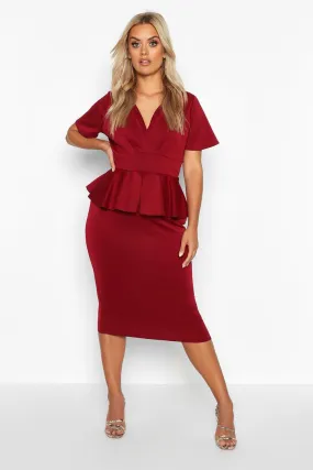 Plus Wrap Front Peplum Midi Dress