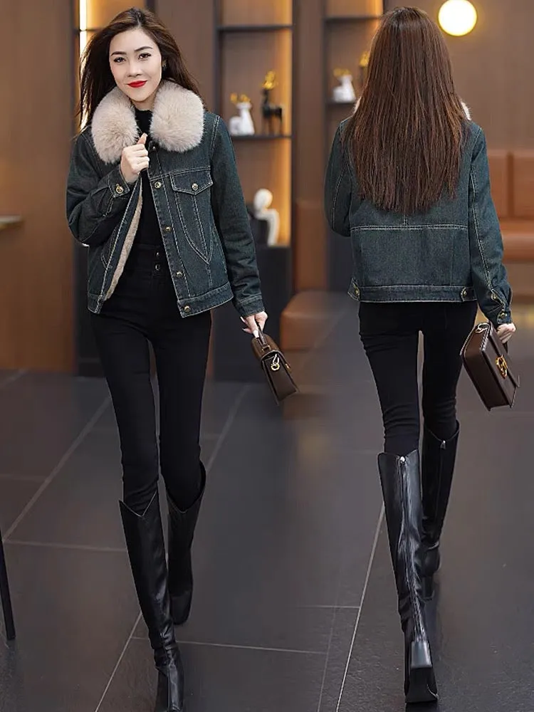 Plush and thickened denim cotton jacket for women 2024 winter new style fur collar warm and slim denim cotton jacket