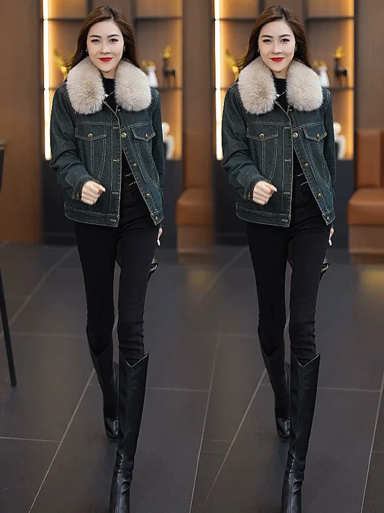 Plush and thickened denim cotton jacket for women 2024 winter new style fur collar warm and slim denim cotton jacket