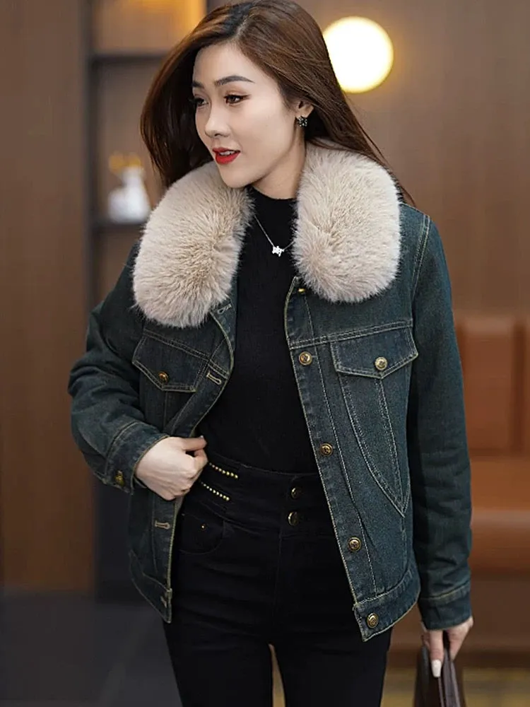 Plush and thickened denim cotton jacket for women 2024 winter new style fur collar warm and slim denim cotton jacket