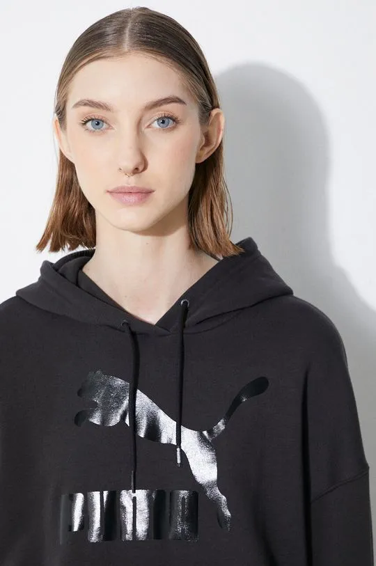 Puma sweatshirt CLASSICS Shiny Logo Hoodie women's black color hooded with a print 625595