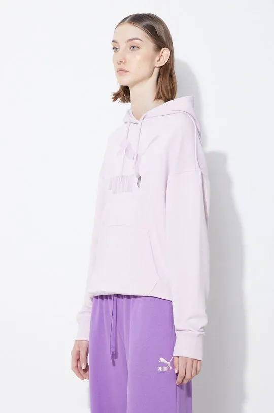 Puma sweatshirt CLASSICS Shiny Logo Hoodie women's violet color hooded with a print 625595