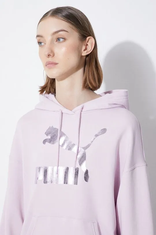 Puma sweatshirt CLASSICS Shiny Logo Hoodie women's violet color hooded with a print 625595