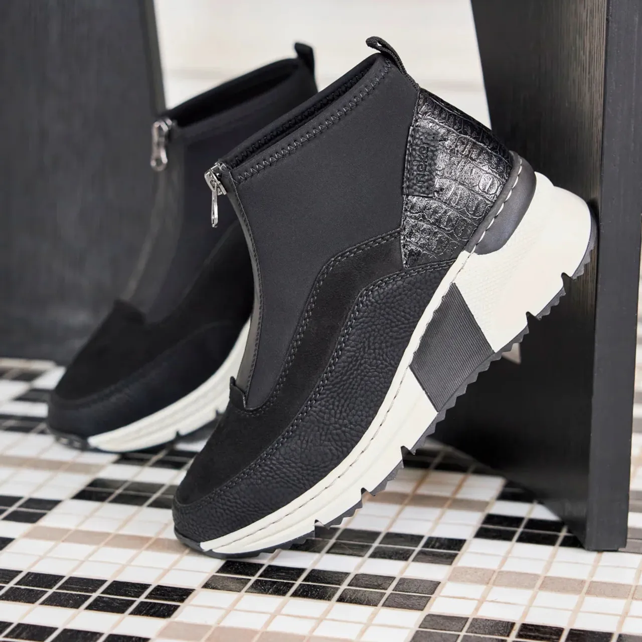 Rieker N6352-00 Black & White Wedge Ankle Boot