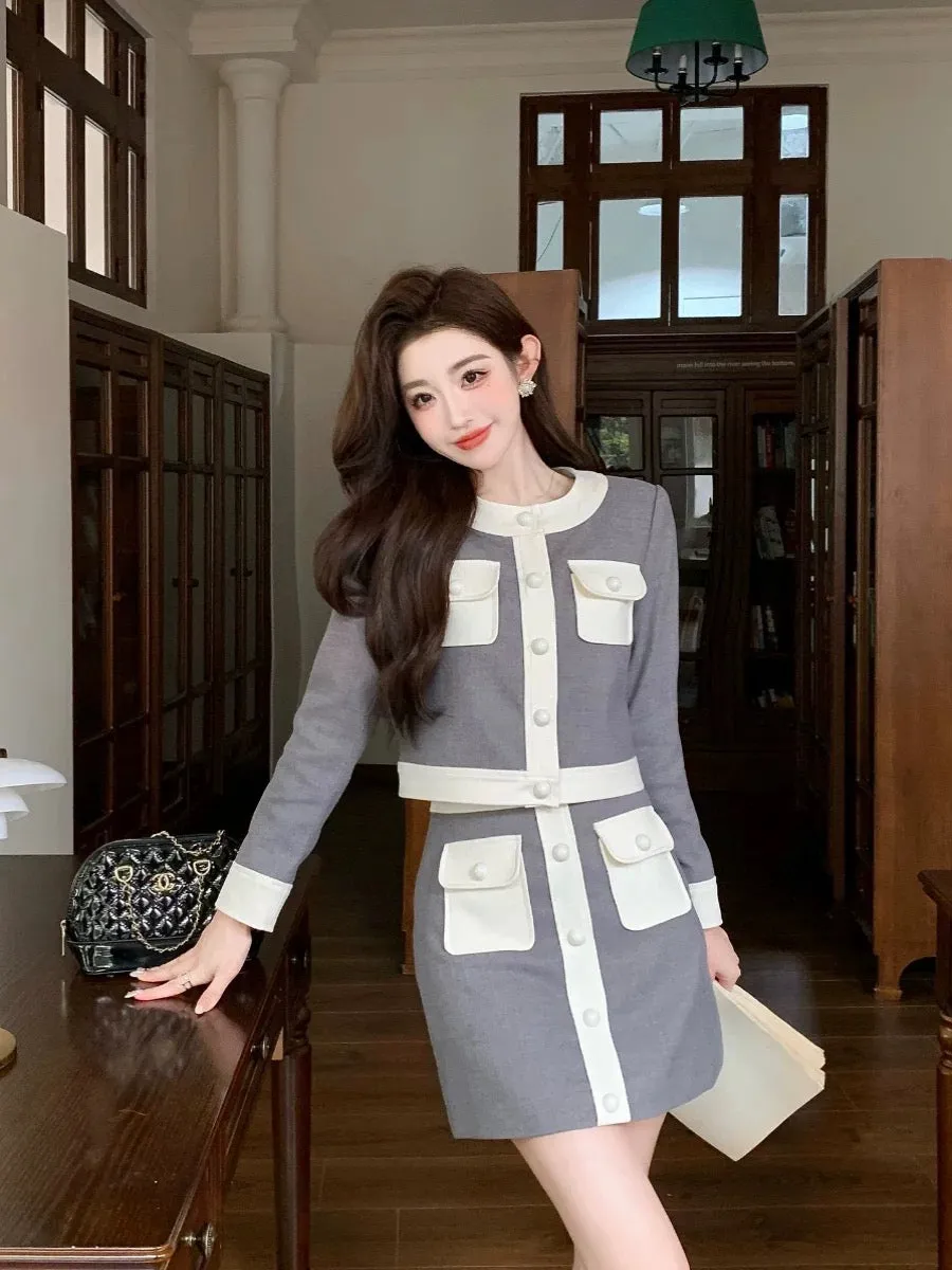 Shenzhen Nanyou designer style small fragrant style contrasting jacket street top A-line short skirt small British suit