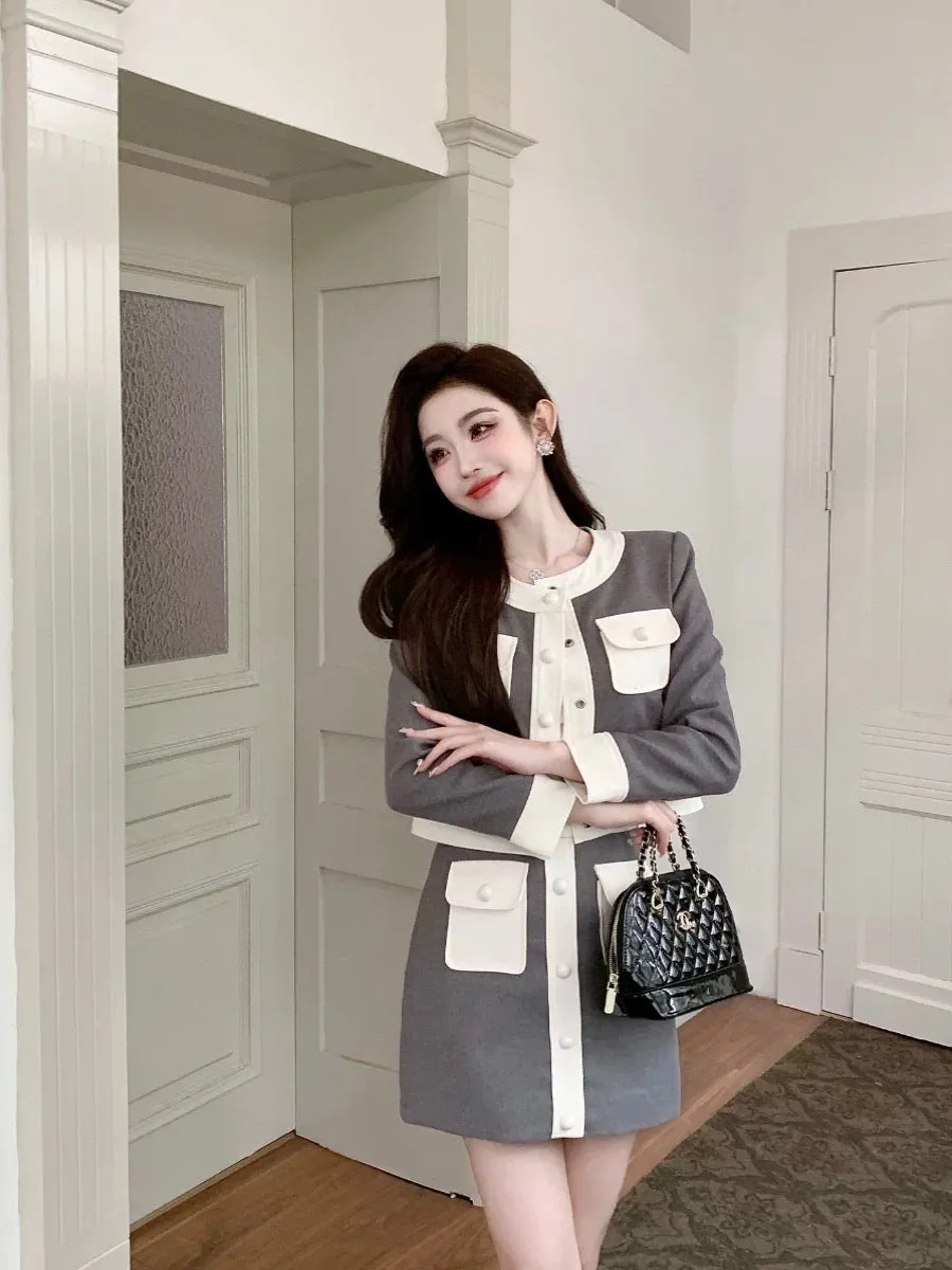 Shenzhen Nanyou designer style small fragrant style contrasting jacket street top A-line short skirt small British suit