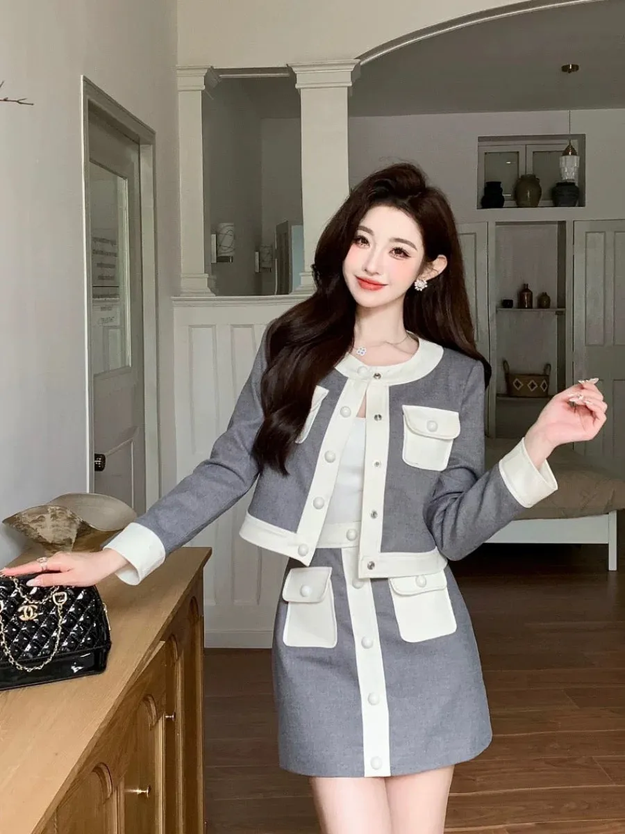 Shenzhen Nanyou designer style small fragrant style contrasting jacket street top A-line short skirt small British suit