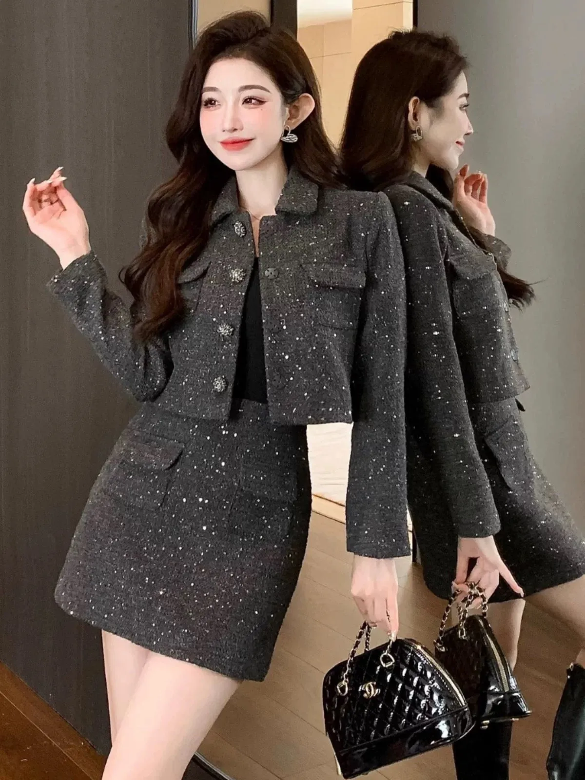 Shenzhen Nanyou European socialite temperament small fragrance two-piece set lapel versatile tweed jacket short skirt suit autum