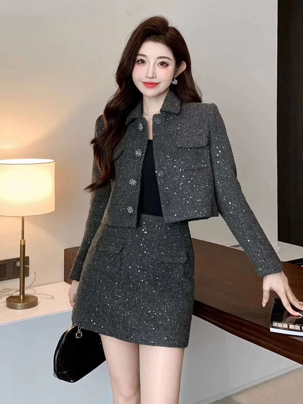 Shenzhen Nanyou European socialite temperament small fragrance two-piece set lapel versatile tweed jacket short skirt suit autum