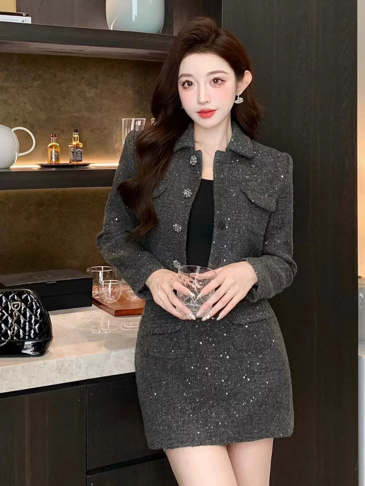 Shenzhen Nanyou European socialite temperament small fragrance two-piece set lapel versatile tweed jacket short skirt suit autum