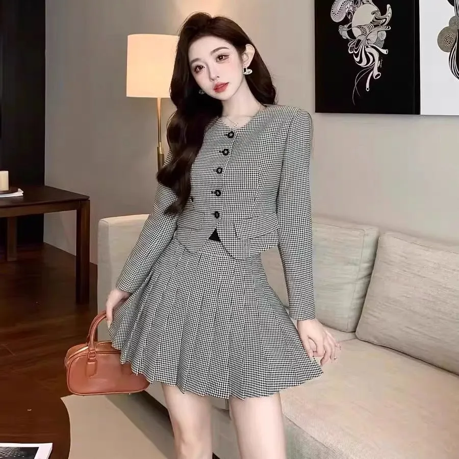 Shenzhen Nanyou niche designer small fragrance suit houndstooth British retro age-reducing pleated skirt short jacket