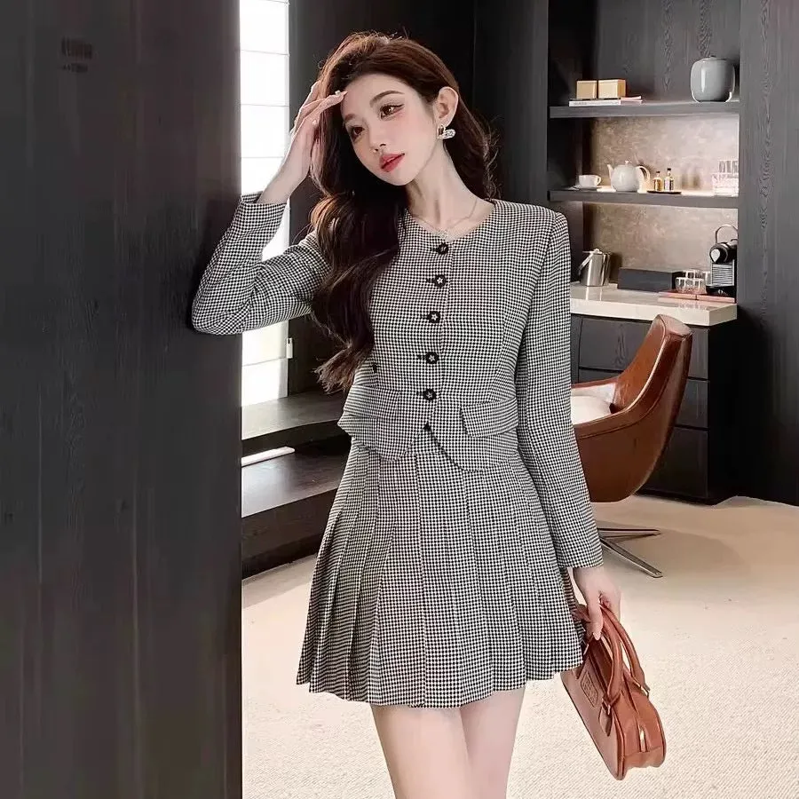 Shenzhen Nanyou niche designer small fragrance suit houndstooth British retro age-reducing pleated skirt short jacket