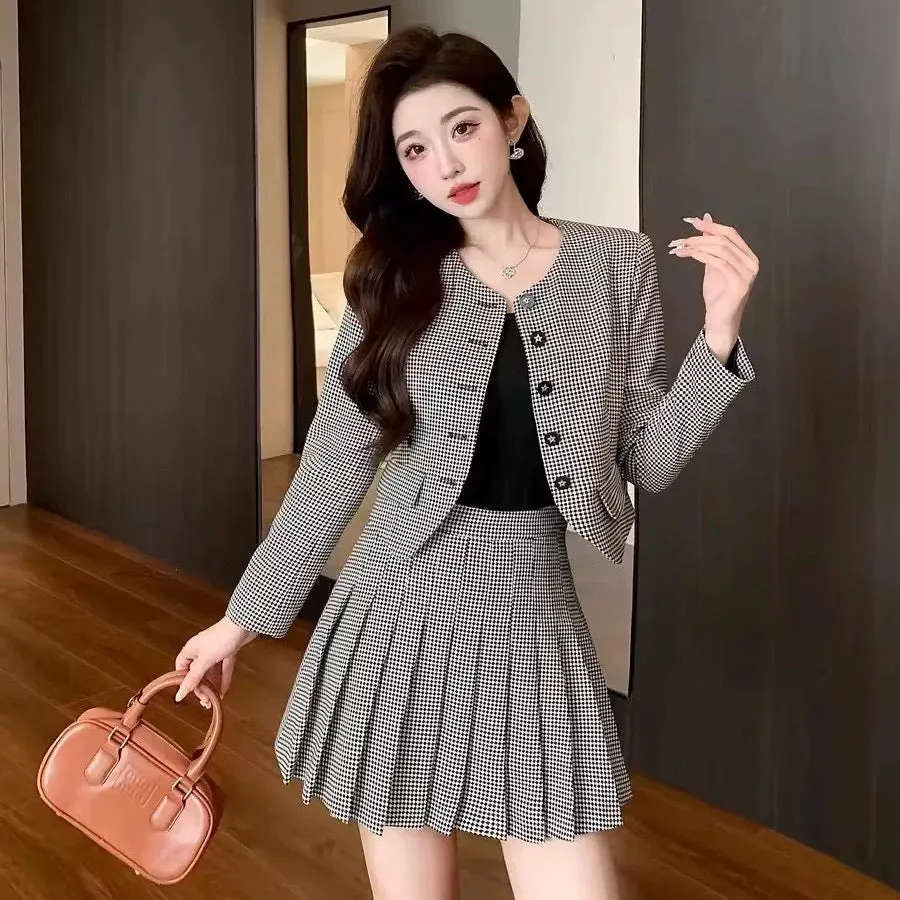 Shenzhen Nanyou niche designer small fragrance suit houndstooth British retro age-reducing pleated skirt short jacket