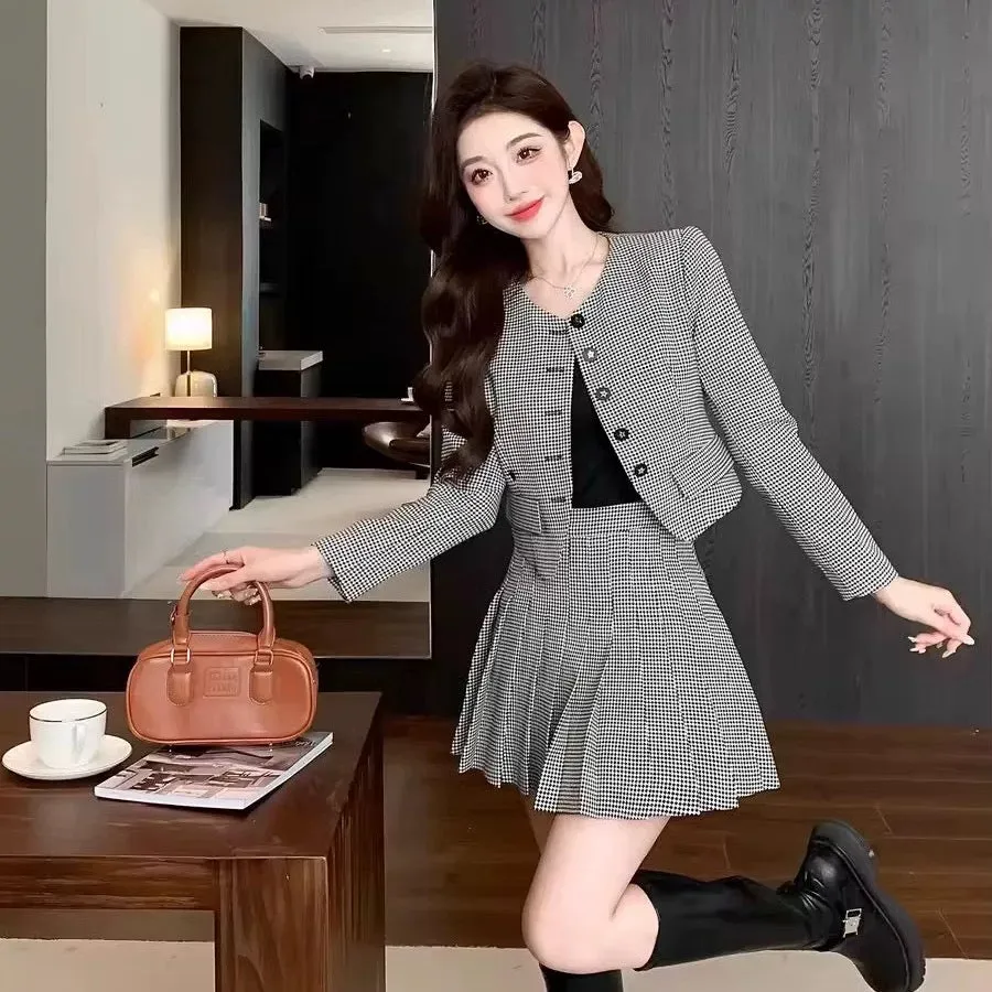 Shenzhen Nanyou niche designer small fragrance suit houndstooth British retro age-reducing pleated skirt short jacket