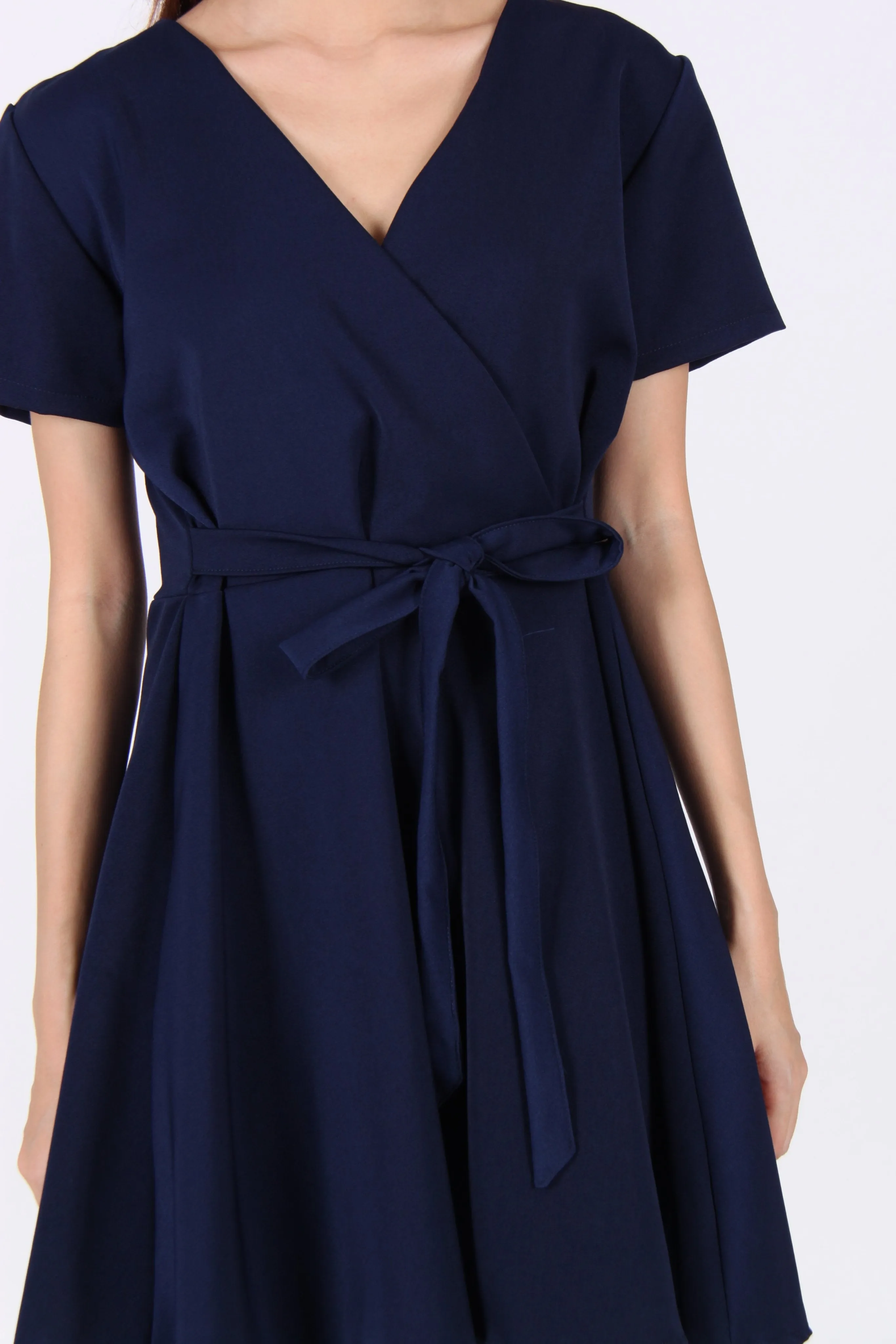 Sleeve Wrap Skater Dress in Navy Blue