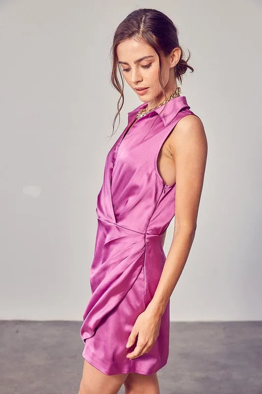 Sleeveless Satin Mini Collared Wrap Dress