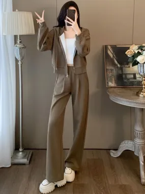 Small taller casual sports suit for women, new autumn fashion, age-reducing hooded jacket, wide-leg pants two-piece set