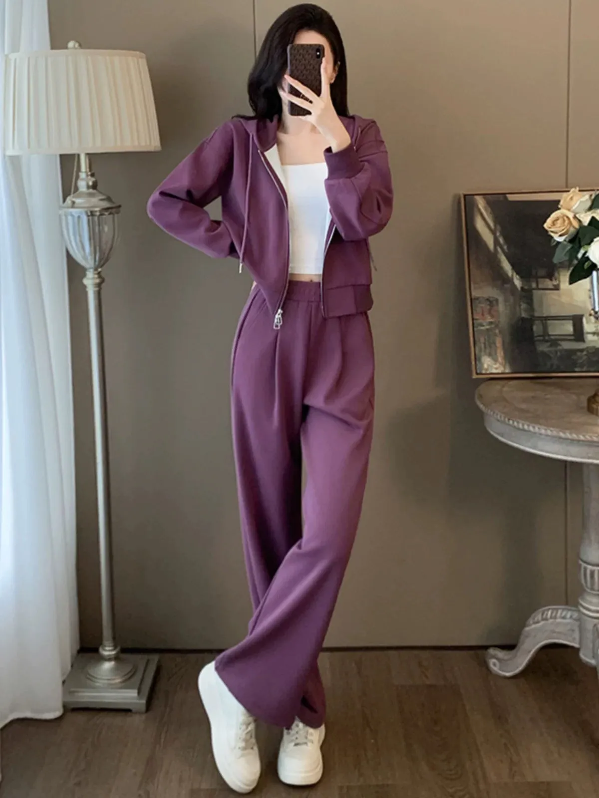 Small taller casual sports suit for women, new autumn fashion, age-reducing hooded jacket, wide-leg pants two-piece set