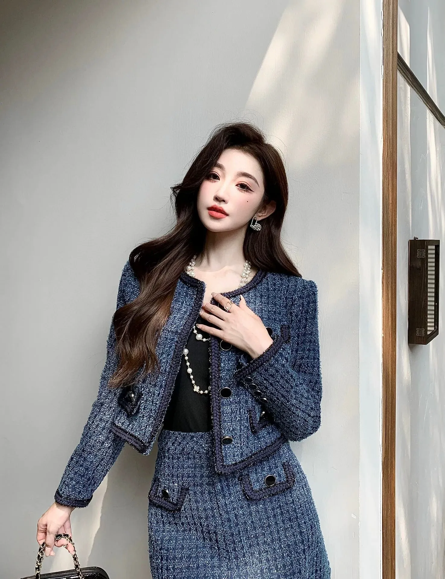 Small two-piece set 2024 autumn new temperament socialite small fragrant style jacket high-waisted A-line skirt suit for women