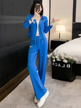 Street blue suit autumn new short hooded jacket top casual sports wide leg pants two-piece set women's clothing