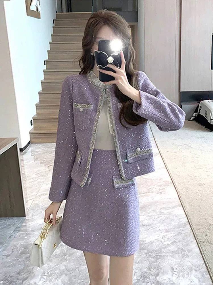 Street-breaking age-reducing fashion suit, elegant socialite heavy industry sequined small fragrance style jacket tweed skirt tw