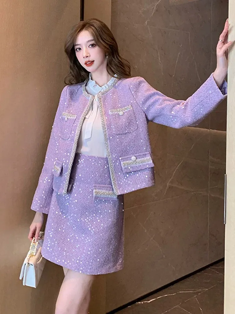 Street-breaking age-reducing fashion suit, elegant socialite heavy industry sequined small fragrance style jacket tweed skirt tw