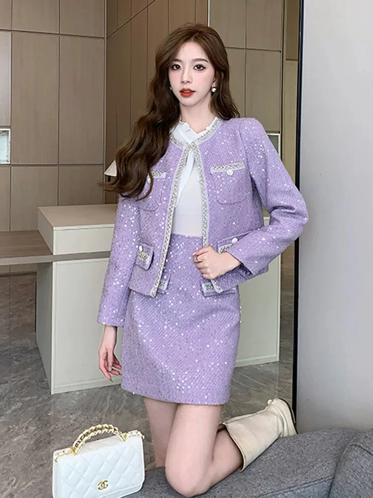 Street-breaking age-reducing fashion suit, elegant socialite heavy industry sequined small fragrance style jacket tweed skirt tw