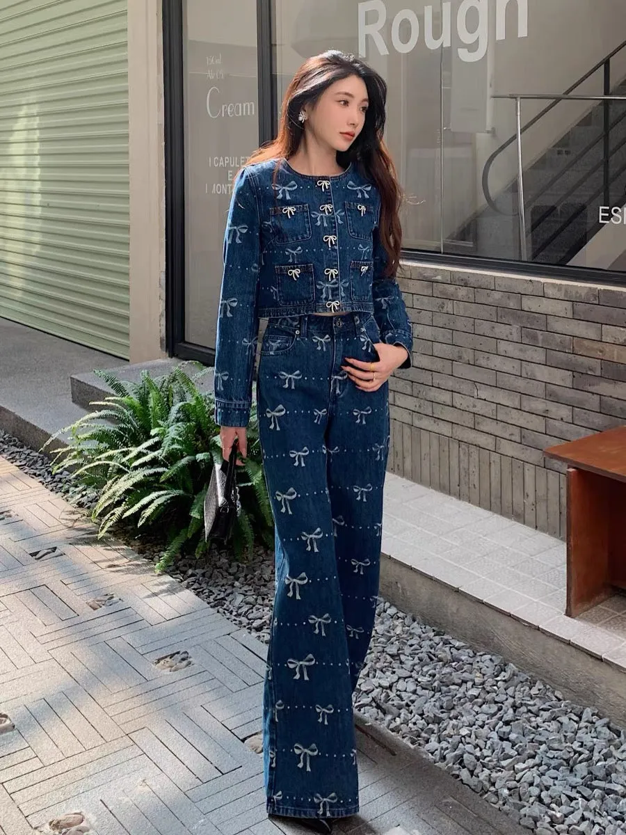 Sweet and cool retro Hong Kong style three-dimensional bow printed long-sleeved jacket top wide-leg long pants washed denim suit