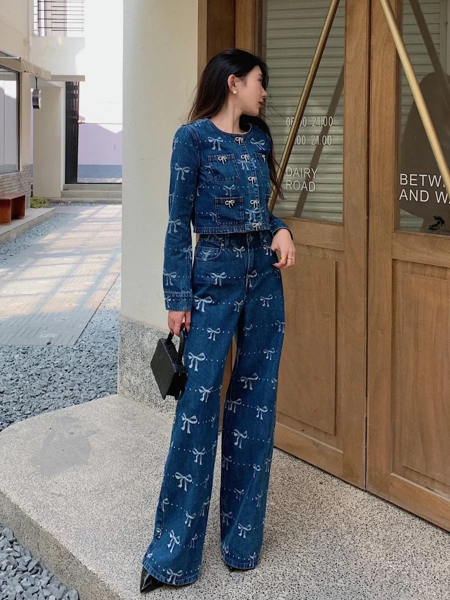 Sweet and cool retro Hong Kong style three-dimensional bow printed long-sleeved jacket top wide-leg long pants washed denim suit