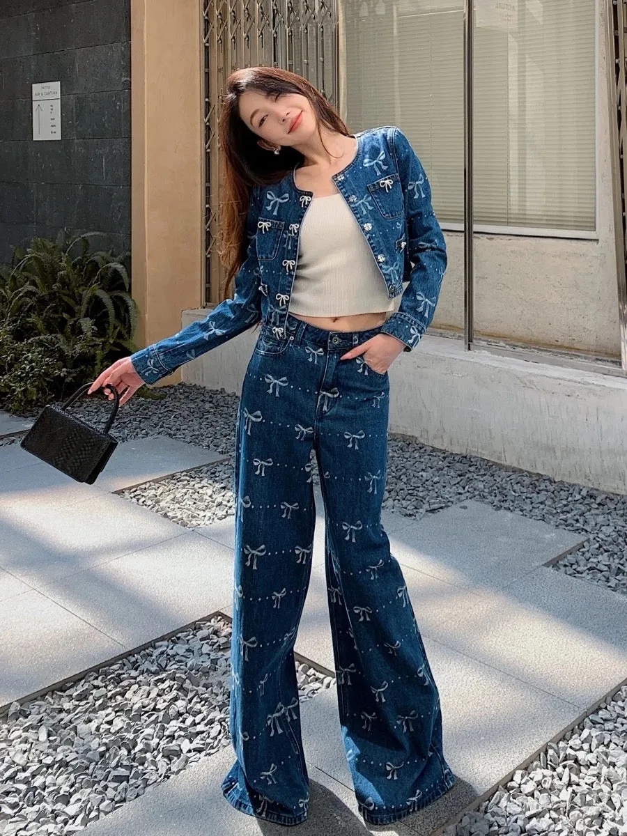 Sweet and cool retro Hong Kong style three-dimensional bow printed long-sleeved jacket top wide-leg long pants washed denim suit