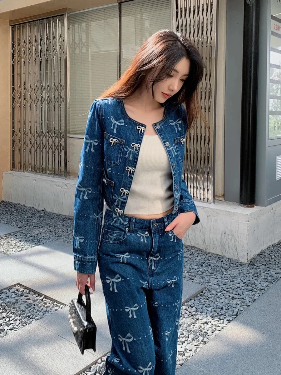 Sweet and cool retro Hong Kong style three-dimensional bow printed long-sleeved jacket top wide-leg long pants washed denim suit