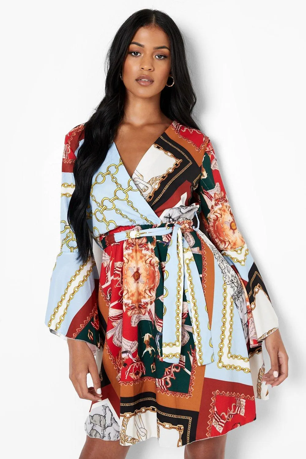 Tall Chain Print Wrap Belted Dress