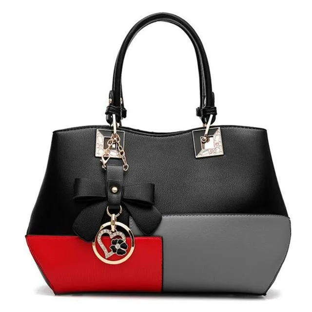 Tri Color Combination Faux-Leather Tote Handbag with Gorgeous Heart Ta - Leather Skin Shop