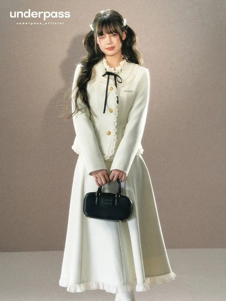 Underpass original design French white small fragrant lace collar waist top jacket long skirt suit skirt