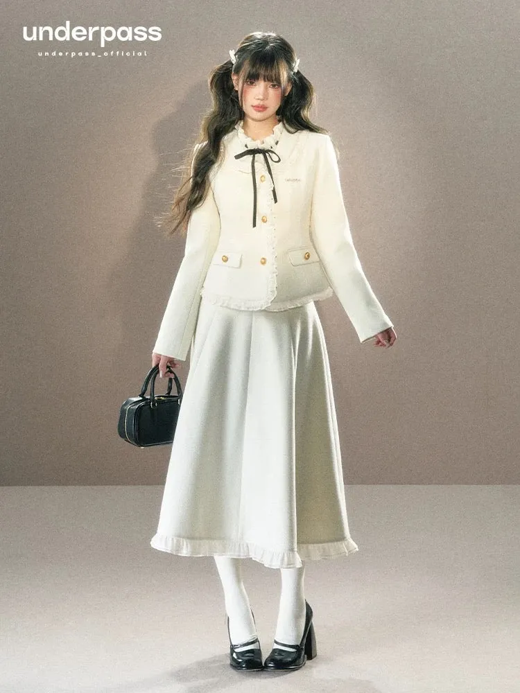 Underpass original design French white small fragrant lace collar waist top jacket long skirt suit skirt