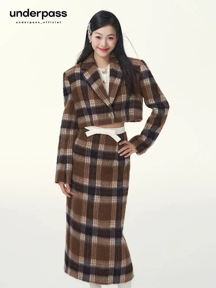 underpass original design retro plaid wool suit short jacket top two-piece quilted suit long skirt