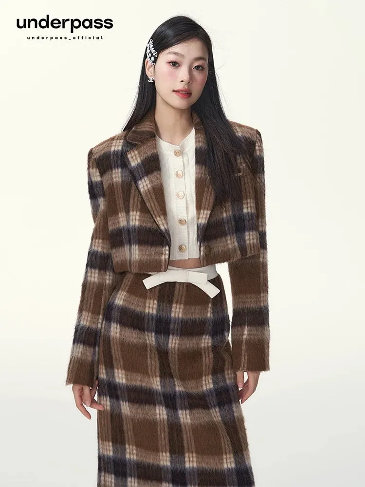 underpass original design retro plaid wool suit short jacket top two-piece quilted suit long skirt