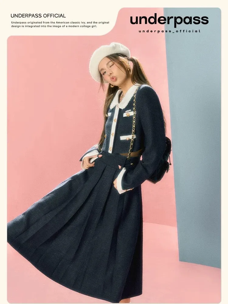 underpass original design tweed doll collar contrast color college style top jacket long skirt two-piece suit