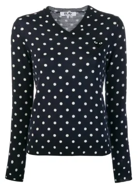 Womens V-Neck Pullover Polka Dot Black Heart - Navy