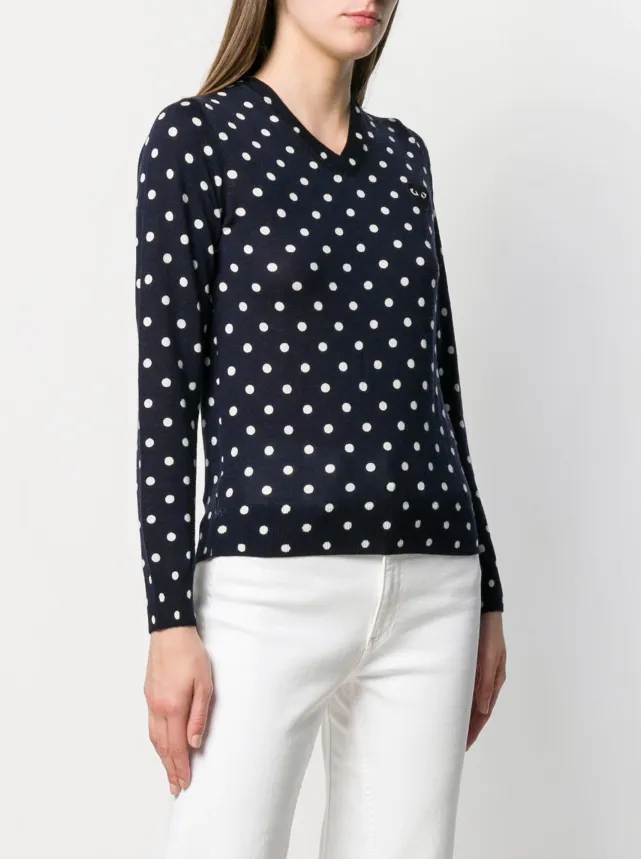 Womens V-Neck Pullover Polka Dot Black Heart - Navy