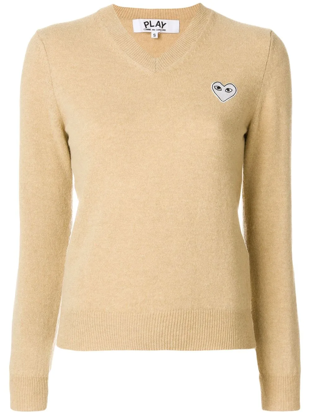 Womens V-Neck Pullover White Heart - Light Camel