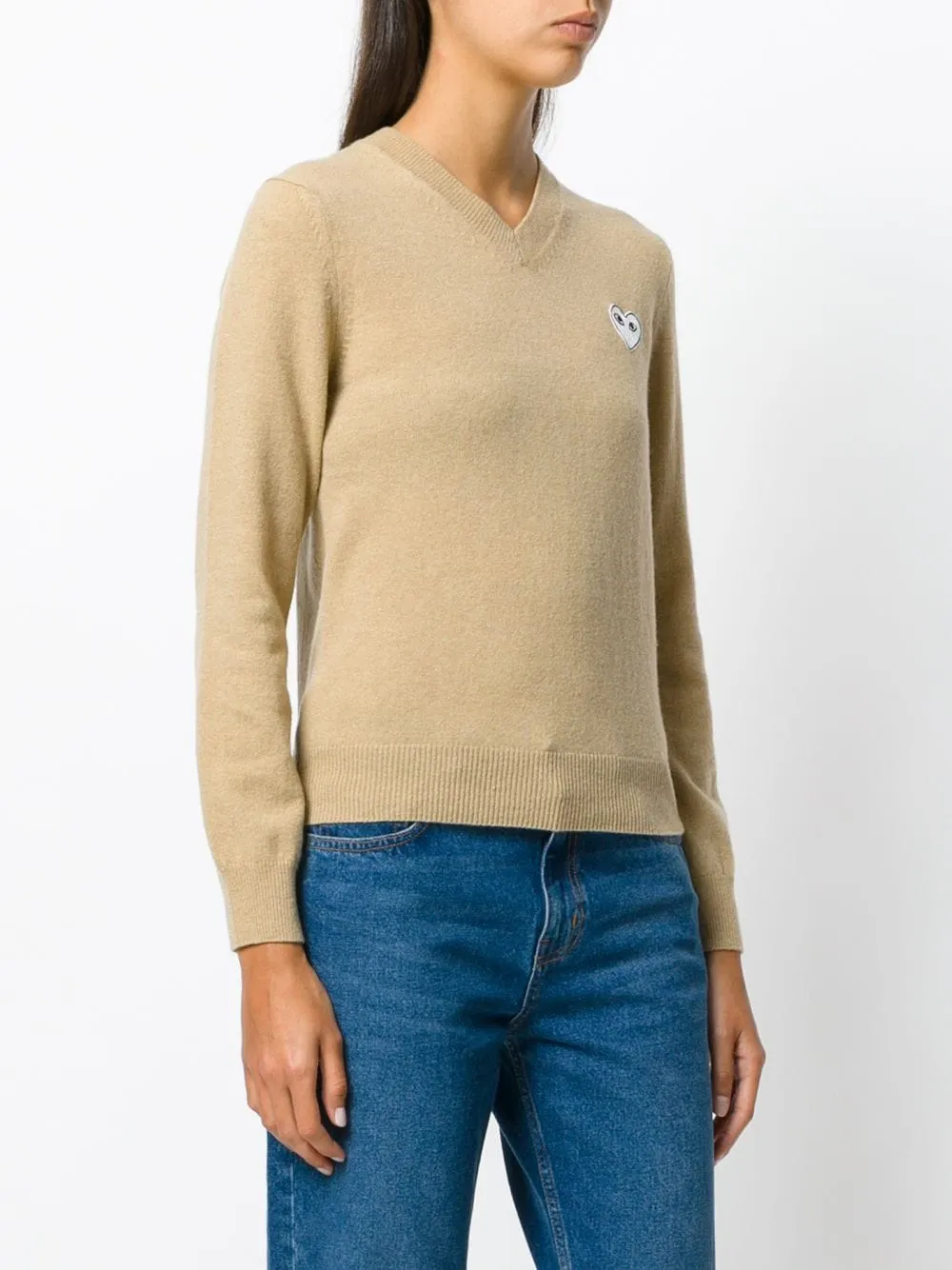 Womens V-Neck Pullover White Heart - Light Camel