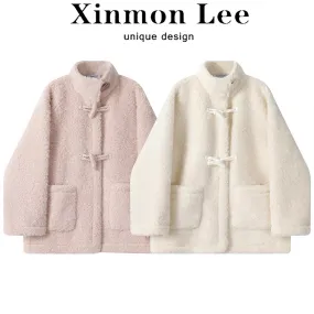 XinmonLee temperament socialite lamb wool small fragrance jacket winter women's stand-up collar loose slimming chic top