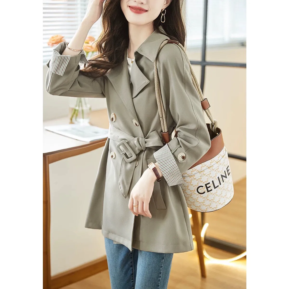 XWI/Xinwei Commuting Versatile Windbreaker Women's 2024 Spring and Autumn New Korean Belt Waist Fashion Jacket