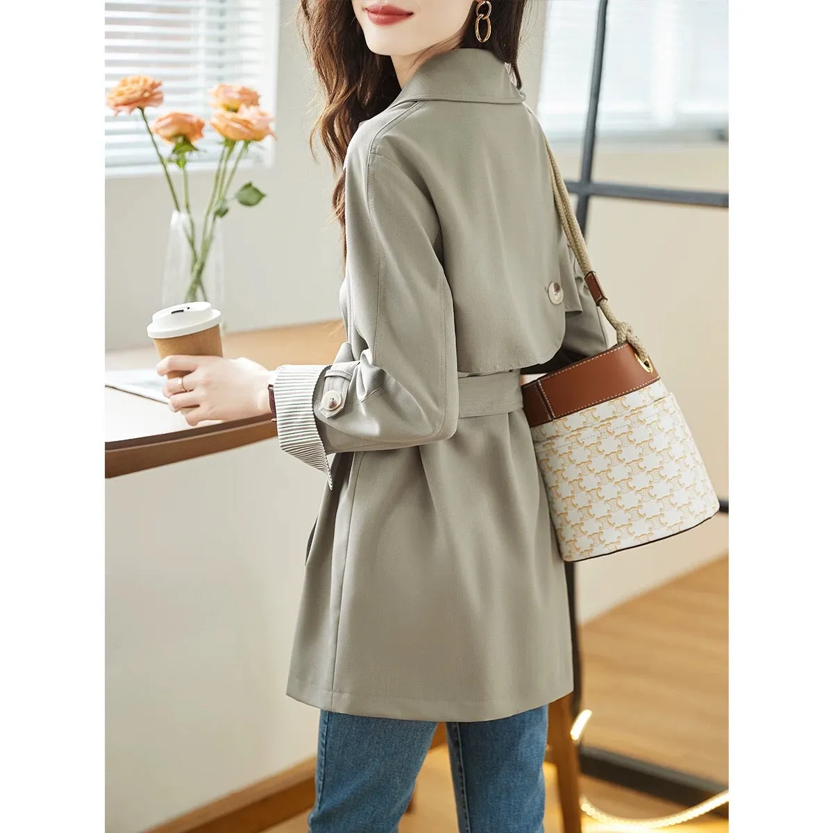 XWI/Xinwei Commuting Versatile Windbreaker Women's 2024 Spring and Autumn New Korean Belt Waist Fashion Jacket