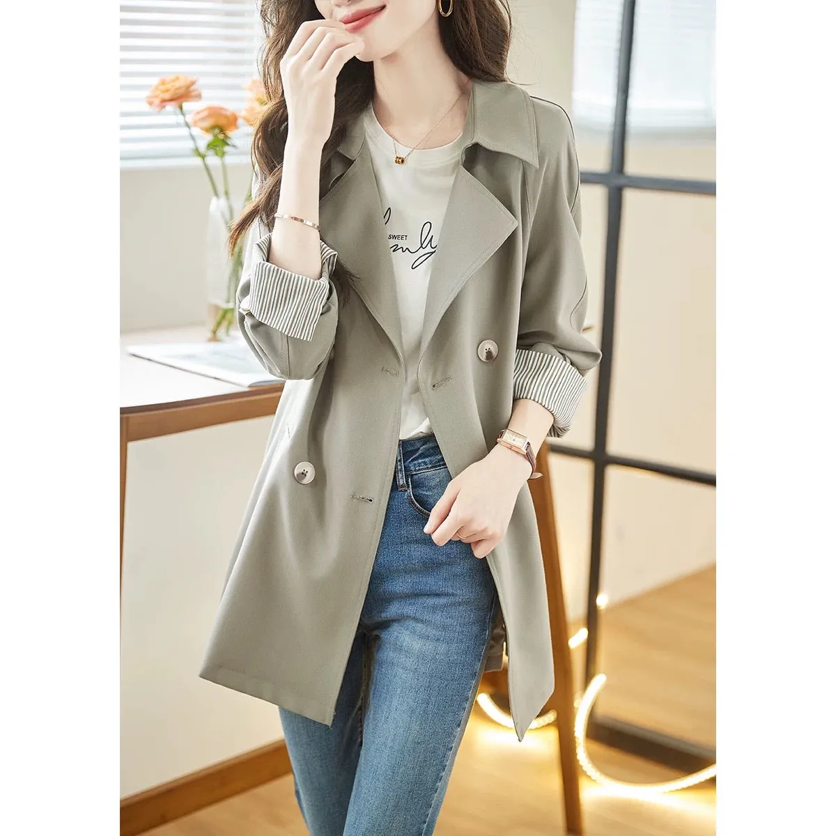 XWI/Xinwei Commuting Versatile Windbreaker Women's 2024 Spring and Autumn New Korean Belt Waist Fashion Jacket