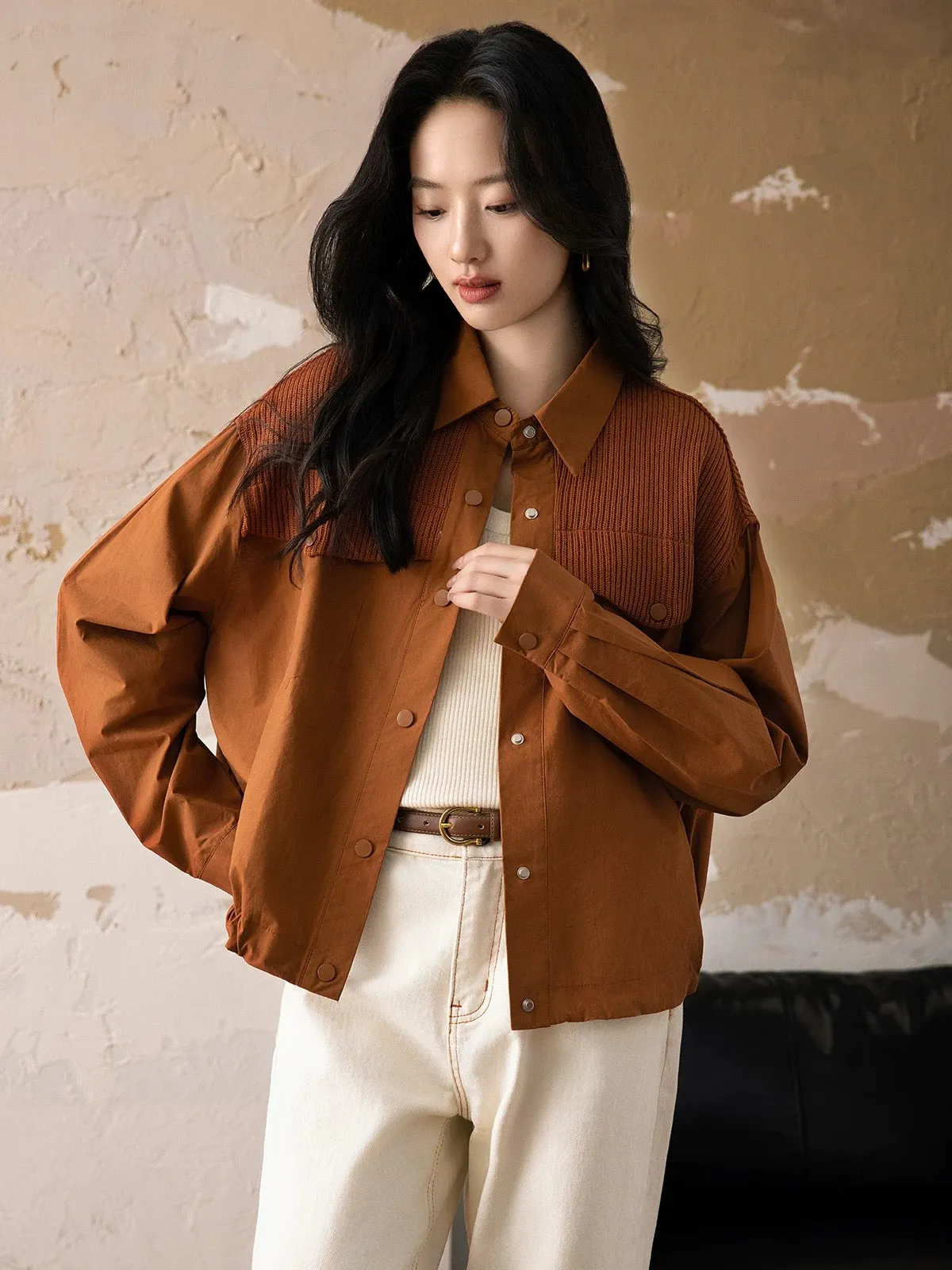 Yipinle Fashionable Knitted Splicing Long-Sleeved Cotton Shirt Jacket Women's 2024 Early Autumn New Loose Western Style Top