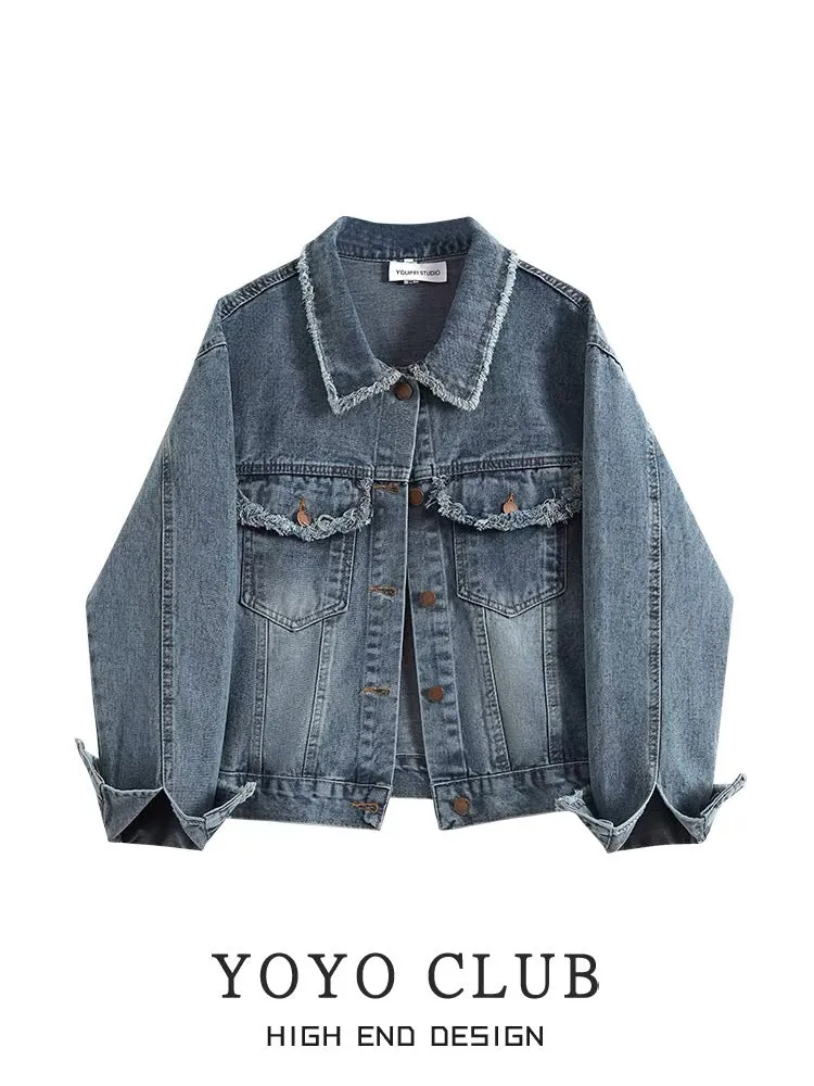 YOYO CLUB Retro Tassel Denim Jacket 2024 Autumn New Korean Style Hong Kong Style Chic and Sassy Top